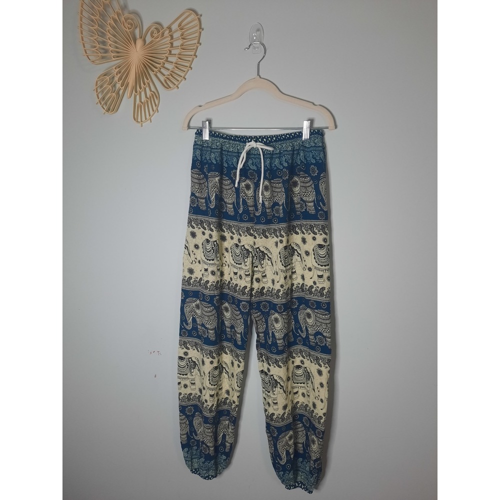 Elephant Print Harem Pants Blue Cream Rayon Boho Yoga Joggers Drawstring Waist